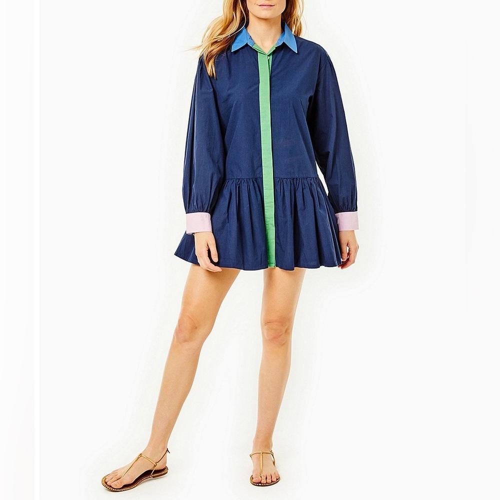 NWT Addison Bay Lane Color Block Point Collar Peplum Dropped Waist Flounce Dress - Picture 6 of 10